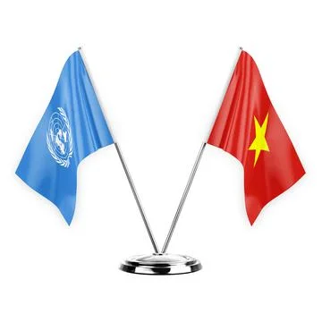 Two table flags isolated on white background 3d illustration, united nations  Stock Illustration