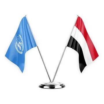 Two table flags isolated on white background 3d illustration, united nations  Stock Illustration