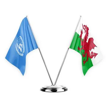 Two table flags isolated on white background 3d illustration, united nations  Stock Illustration