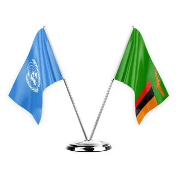 Two table flags isolated on white background 3d illustration, united nations  Stock Illustration