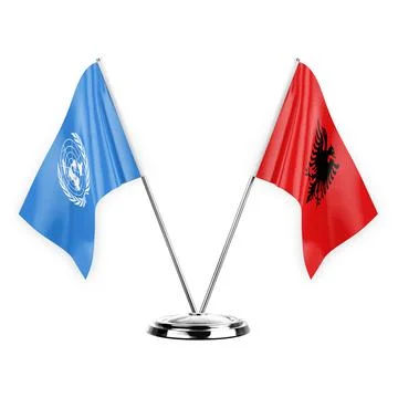 Two table flags isolated on white background 3d illustration, united nations  Stock Illustration