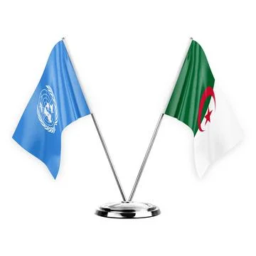 Two table flags isolated on white background 3d illustration, united nations  Stock Illustration