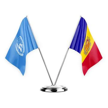 Two table flags isolated on white background 3d illustration, united nations  Stock Illustration