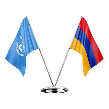 Two table flags isolated on white background 3d illustration, united nations  Stock Illustration