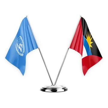 Two table flags isolated on white background 3d illustration, united nations  Stock Illustration