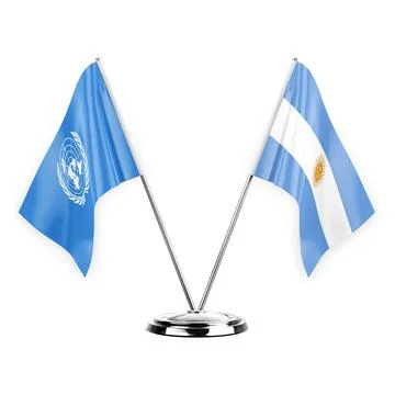 Two table flags isolated on white background 3d illustration, united nations  Stock Illustration