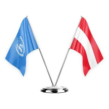 Two table flags isolated on white background 3d illustration, united nations  Stock Illustration