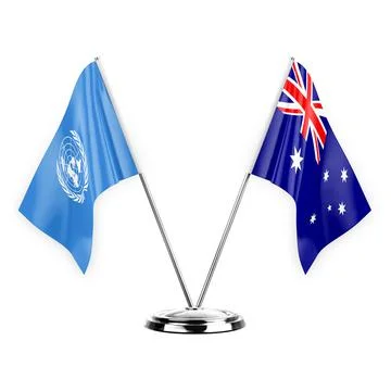Two table flags isolated on white background 3d illustration, united nations  Stock Illustration