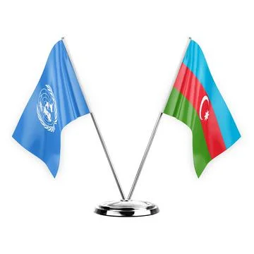 Two table flags isolated on white background 3d illustration, united nations  Stock Illustration