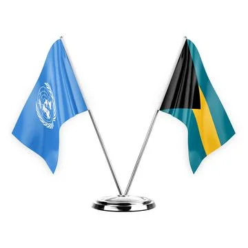Two table flags isolated on white background 3d illustration, united nations  Stock Illustration