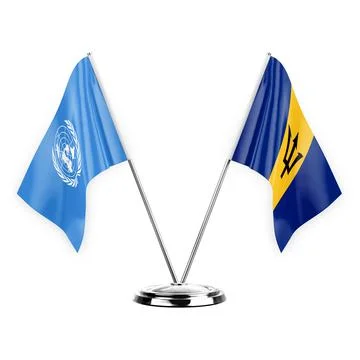 Two table flags isolated on white background 3d illustration, united nations  Stock Illustration