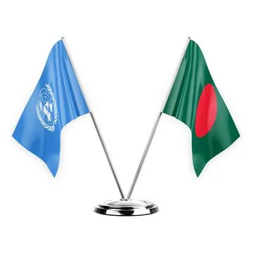 Two table flags isolated on white background 3d illustration, united nations  Stock Illustration