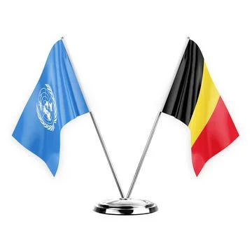 Two table flags isolated on white background 3d illustration, united nations  Stock Illustration