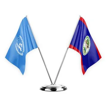 Two table flags isolated on white background 3d illustration, united nations  Stock Illustration