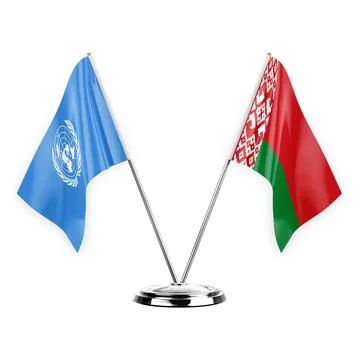 Two table flags isolated on white background 3d illustration, united nations  Stock Illustration