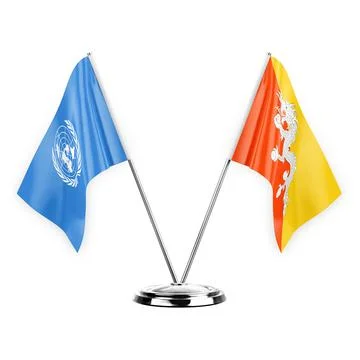 Two table flags isolated on white background 3d illustration, united nations  Stock Illustration