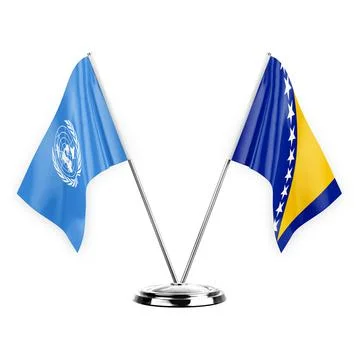 Two table flags isolated on white background 3d illustration, united nations  Stock Illustration