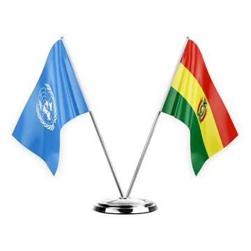 Two table flags isolated on white background 3d illustration, united nations  Stock Illustration