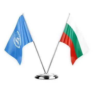 Two table flags isolated on white background 3d illustration, united nations  Stock Illustration