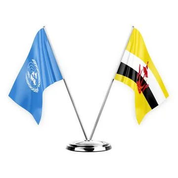 Two table flags isolated on white background 3d illustration, united nations  Stock Illustration