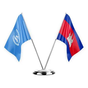 Two table flags isolated on white background 3d illustration, united nations  Stock Illustration
