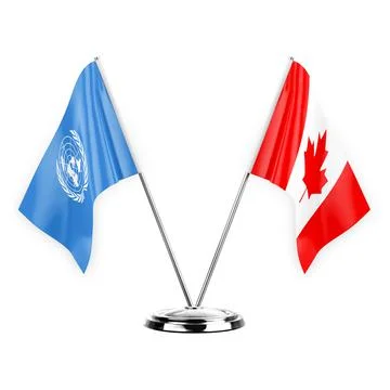 Two table flags isolated on white background 3d illustration, united nations  Stock Illustration