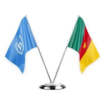 Two table flags isolated on white background 3d illustration, united nations  Stock Illustration