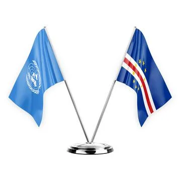 Two table flags isolated on white background 3d illustration, united nations  Stock Illustration