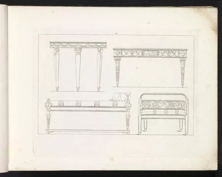 Two tables, a bed and a bench; Designs for religious and profane objects; ... Stock Photos