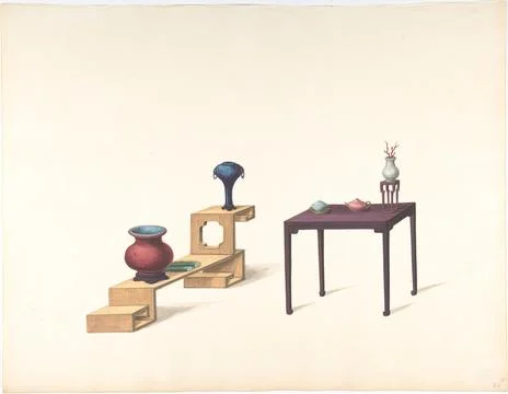 Two Tables, One Blond the Other Purple Lacquer, both with Vases and Objects.. Foto stock