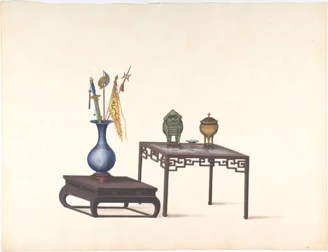 Two Tables, One Low with Large Vase and Objects, One Higher with Covered Po.. Stock Photos