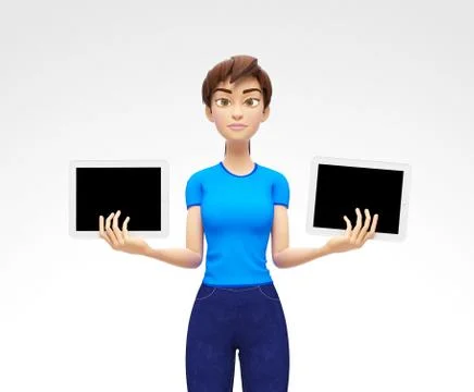 Two Tablet Device Mockups With Blank Screens - Held by Serious 3D Character Stock Illustration