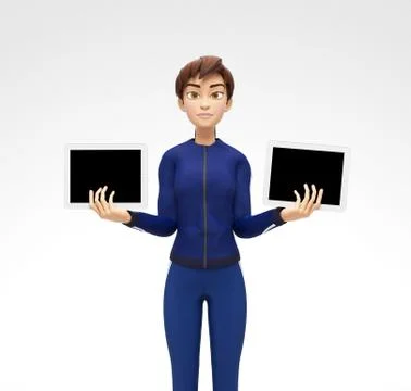 Two Tablet Device Mockups With Blank Screens Held by Serious Jenny Background Stock Illustration