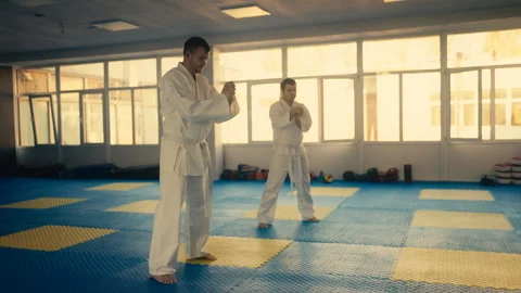 Two taekwondo practitioners warming up before sparring in gym, combat sport Stock Footage 240208188