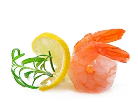 Two tail of shrimp with fresh lemon and rosemary on the white Stock Photos