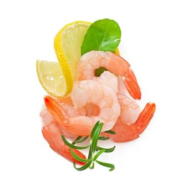 Two tail of shrimp with fresh lemon and rosemary on the white Stock Photos