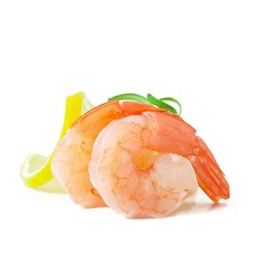 Two tail of shrimp with fresh lemon and rosemary on the white Stock Photos