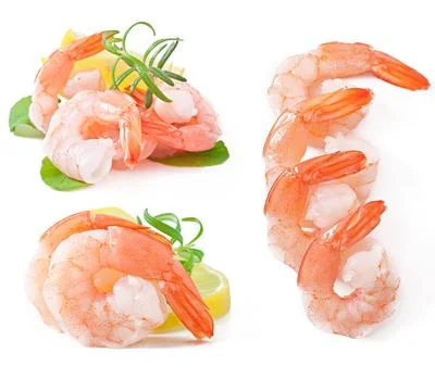 Two tail of shrimp with fresh lemon and rosemary on the white Stock Photos