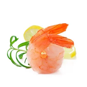 Two tail of shrimp with fresh lemon and rosemary on the white Stock Photos