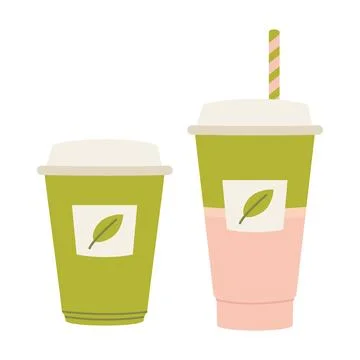 Two takeaway cups with leaf labels, matcha latte drinks in cute flat style... Stock Illustration