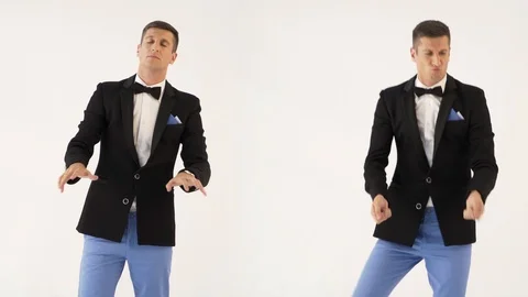 Two talented people in black jackets and white shirts are parodying musicians Stock Footage 96203599