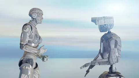 Two talking cyborg robots androids concept of the technical progress Stock Footage 200832733
