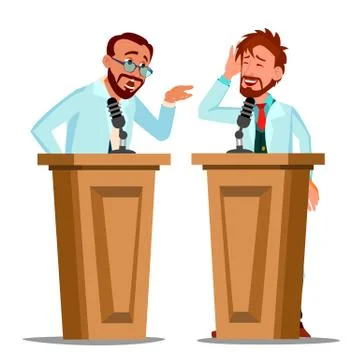 Two Talking Doctor Argue Behind The Tribune With Microphone At Conference Vector Stock Illustration