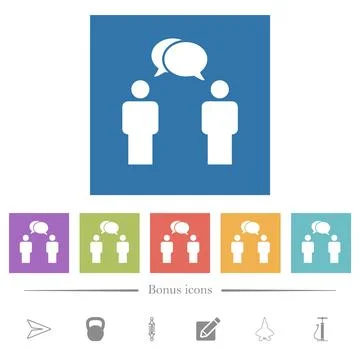 Two talking persons with oval bubbles solid flat white icons in square backgr Illustrazione stock