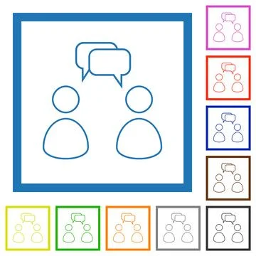 Two talking persons with rounded square bubbles outline flat framed icons イラスト素材