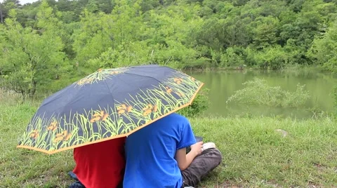 Two talking under umbrella. Drizzle. Vídeo Stock 50555616
