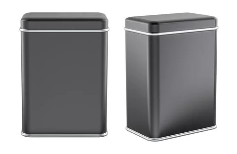 Two tall black rectangular metal storage tins, shown front and angled. 3D r.. Stock Illustration