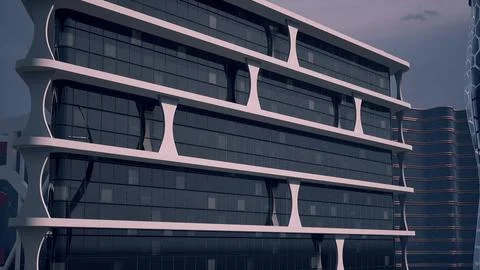 Two Tall Buildings With Numerous Windows in a Futuristic Cityscape Ilustração Stock