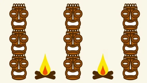 Two Tall Tiki Statue Stacks Beside Small Campfires on Background Stock Footage 340305886