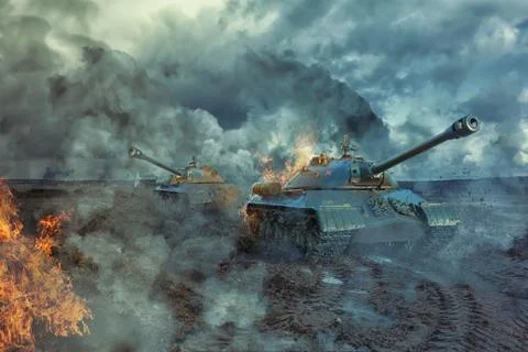 Two tanks on the battlefield Stock Illustration